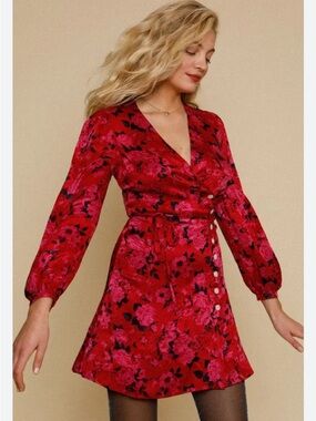 🇫🇷 Rouje Gabinette Red and Fuchsia Floral Wrap Mini Dress